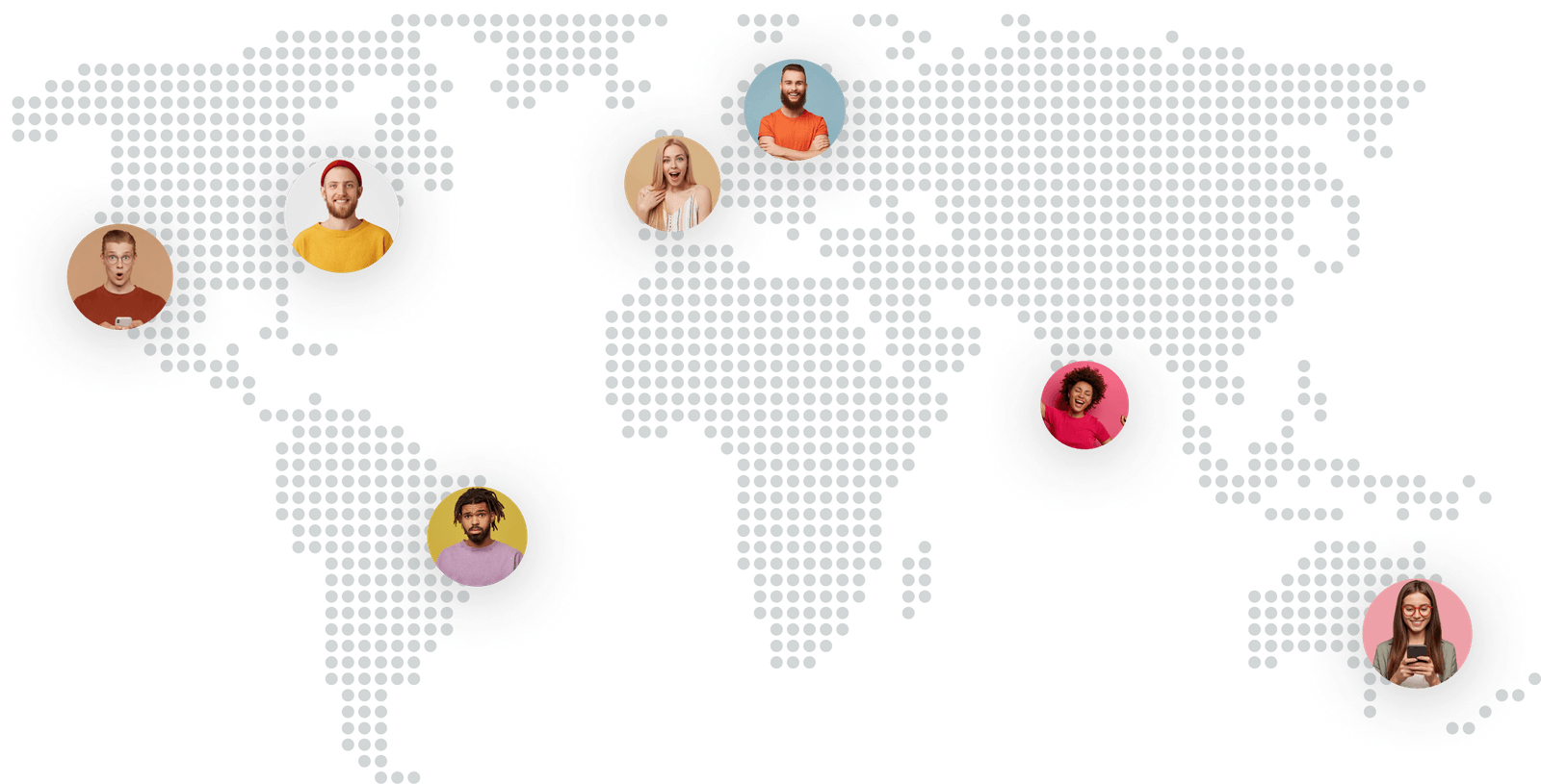 Dotted world map with seven circular headshots of diverse people placed over different continents.